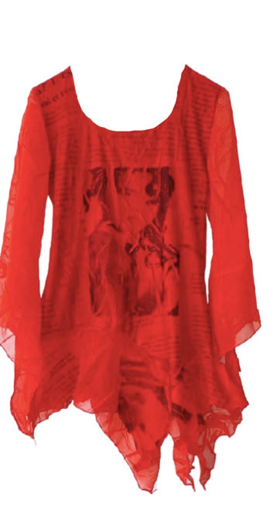 Red and Black Newspaper Print Frills Top M