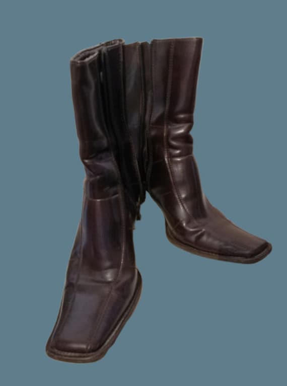 Brown Squared Toe Patchwork Ankle Boots 38
