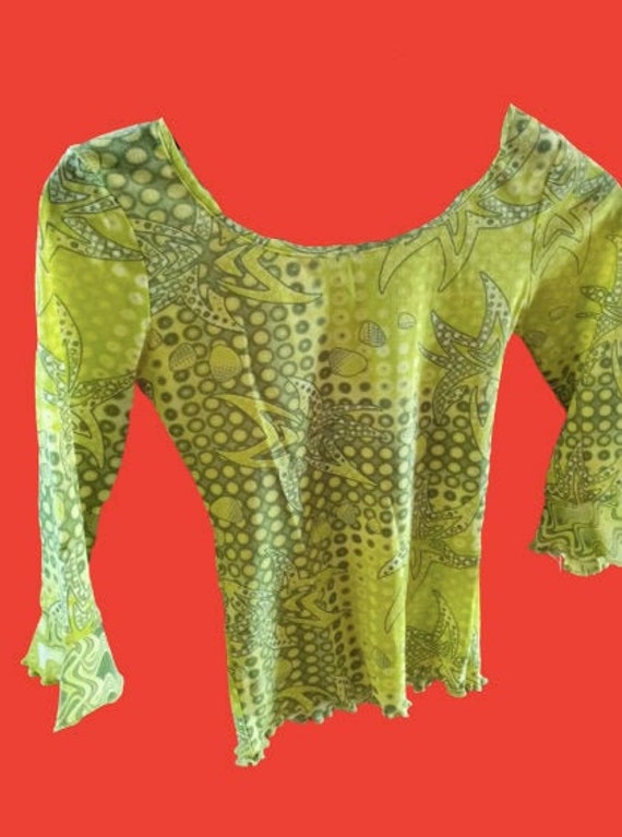 Green Psychedelic and Tribal Print Stretch Top M