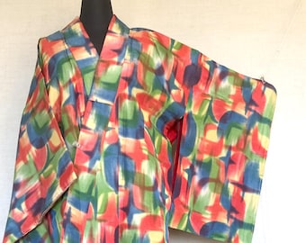 Vintage silk kimono - bright and colorful with star pattern