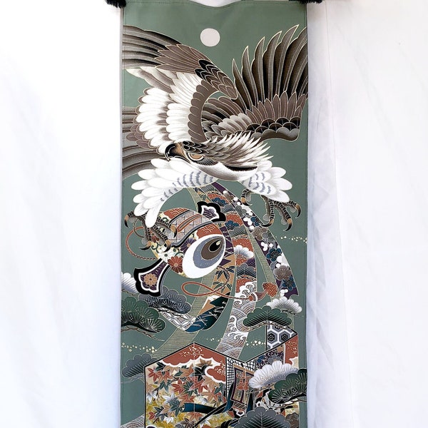 Unique handmade Japanese tapestry - kimono remake - eagle and magic mallet