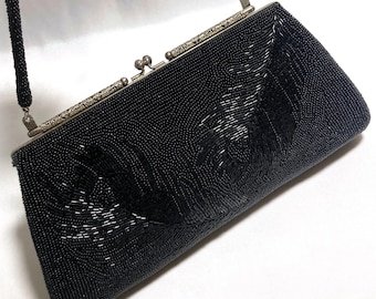 Vintage kimono 2-way handbag - black peacock feathers