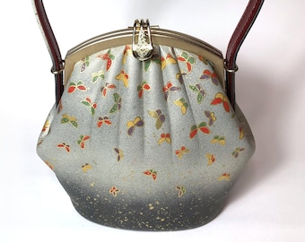 Vintage kimono handbag - gray with colorful butterflies