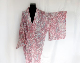 Authentic Japanese summer kimono - see through pink with delicate white and blue florals