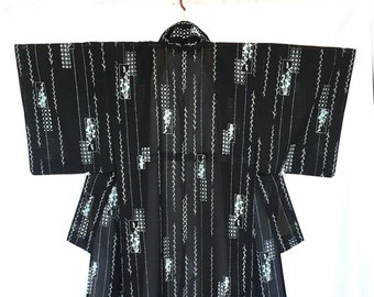 Authentic Japanese summer kimono - casual black with white weeping willow leaves