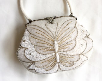 Vintage kimono handbag - beaded white butterfly