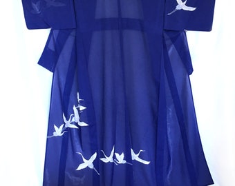 Authentic Japanese summer kimono - dark blue tsukesage with a flock of cranes