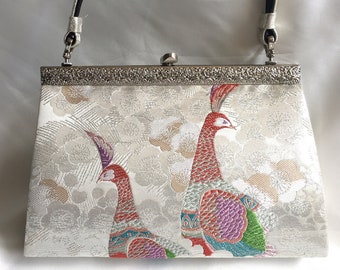 Vintage kimono handbag - colorful peacocks and silver plum blossoms