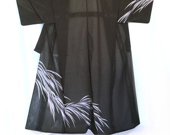 Authentic Japanese summer kimono - elegant gark grey tsukesage with pale grass blades and single family crest