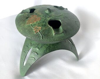 Japanese iron cast miniature incense burner - green lantern
