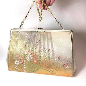 Vintage Kimono Handtasche - Zwei-Wege-Pastell Rosa, Orange und Hellgold, mit Blumenwagen