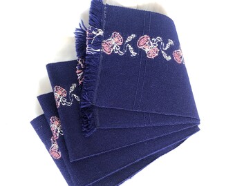 Unique Japanese hanhaba obi - dark blue wool with woven pink kotsuzumi drums pattern
