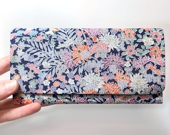 Vintage Japanese slim wallet - navy blue and pastel flowers
