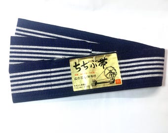 Japanese Narrow Tanzen Obi - Rugged Blue and White, With a Small