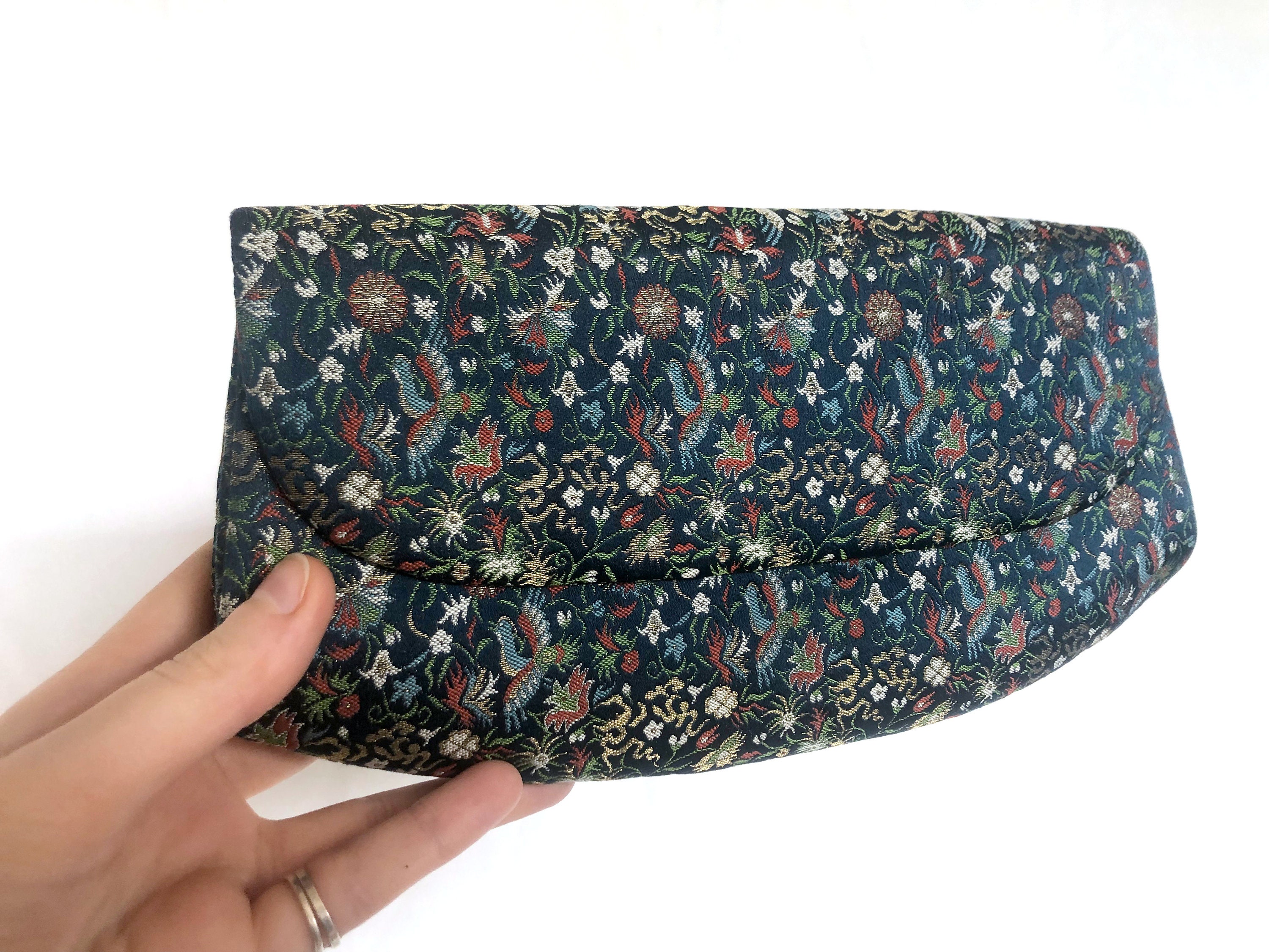 Japanese Pouch Design Elegant Japanese Pouch Bag - Deep Blue Jacquard With Colorful Florals ...