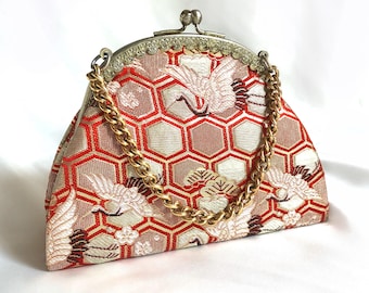 Vintage kimono handbag for children - golden and red with a flock of cranes