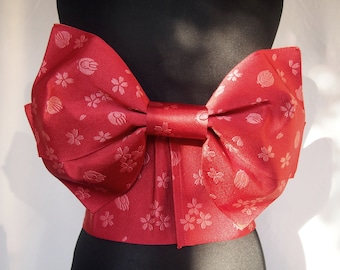 Instant yukata obi- red with sakura and rabbit pattern