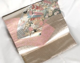 Elegant Nagoya obi - metallic silver and pink with pastel quiver