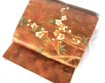 Elegant Nagoya obi - metallic copper and orange with embroidered plum blossoms
