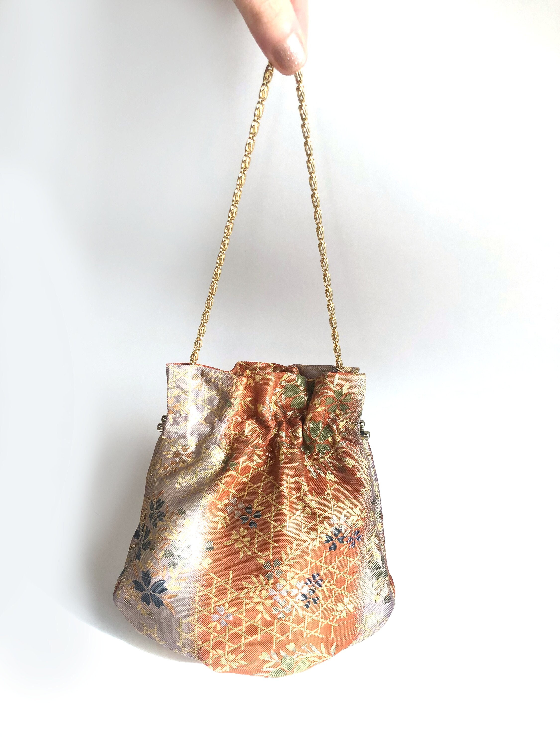 Sac à Main Japonais Vintage Style Kimono - Broderie Dorée Et Fleurs Magnifiques - Occasion