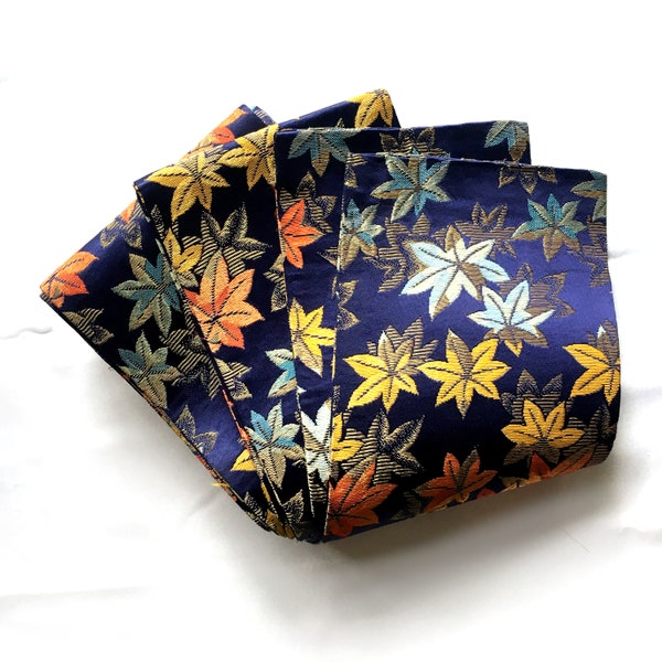 Unique vintage hanhaba obi - dark blue with colorful maple leaves