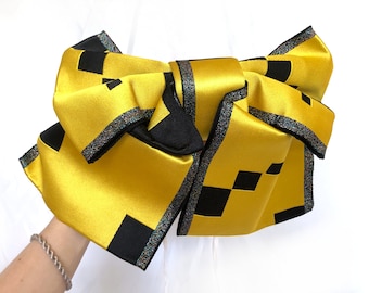 Instant yukata obi - vivd yellow with black pixel decoration and metallic accents