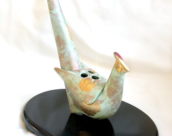 Japanese iron cast pheasant - incense burner (mint and golden with a display base)