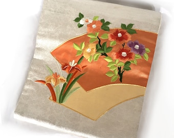 Elegant Nagoya obi - crushed silver with embroidered seasonal flowers motif