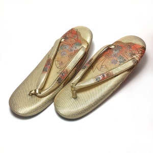 Authentic Japanese zori shoes - elegant golden and orange with golden ribbons and metallic flowers