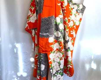 Long Sleeve Kimono Furisode - Vivid Orange With Black and