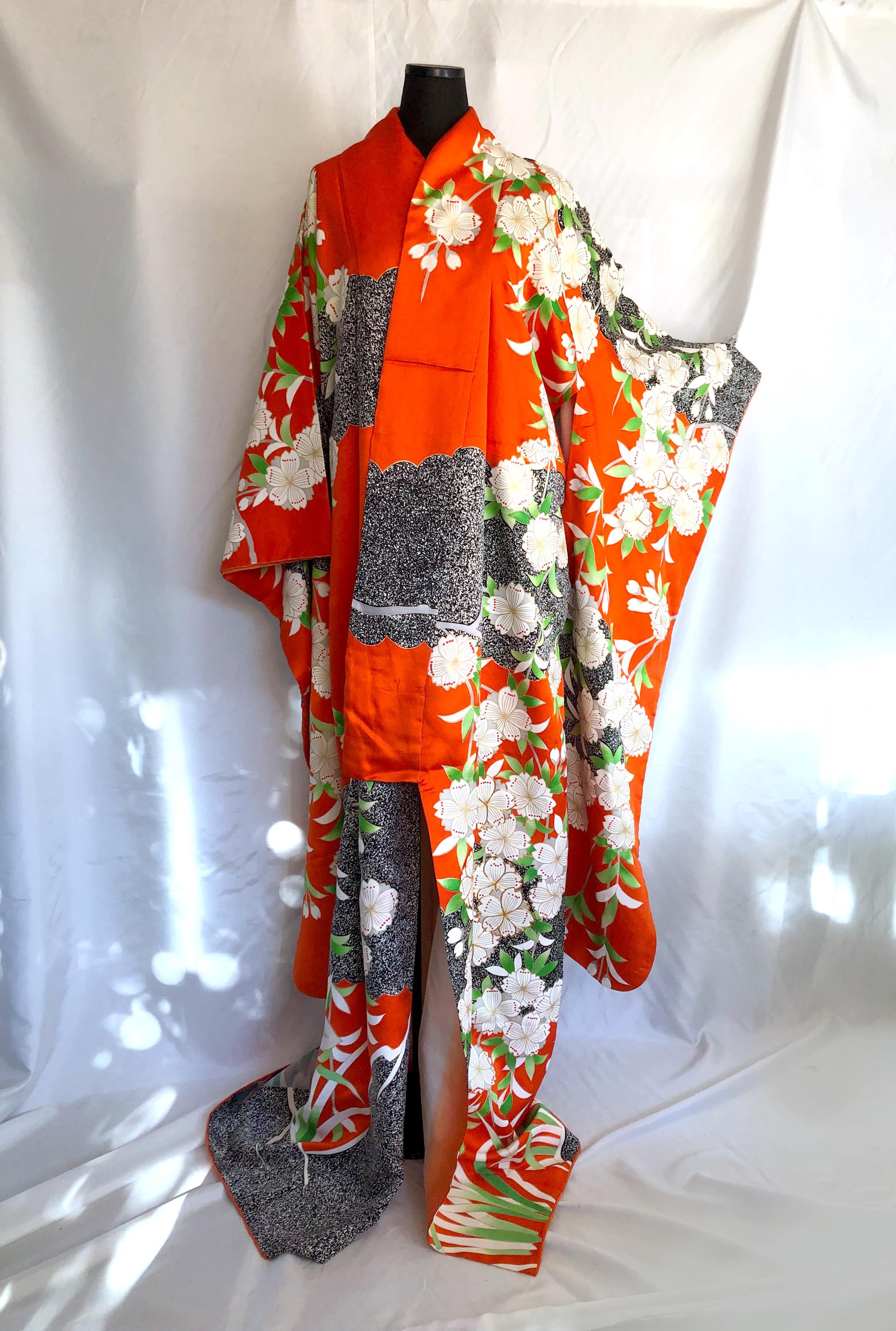 Long Sleeve Kimono Furisode - Vivid Orange With Black and