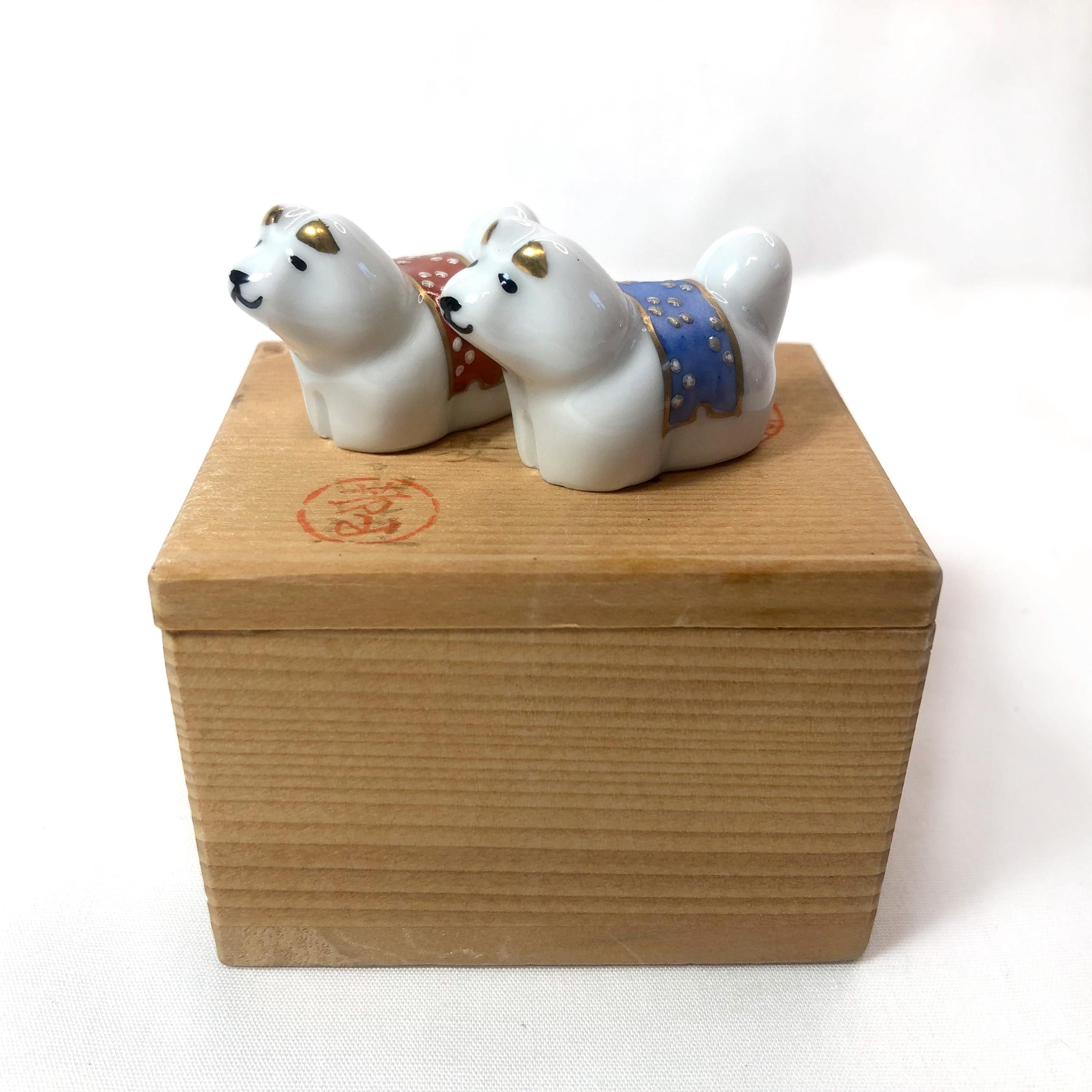 Ceramic Dog Chopstick Rest Set: Japanese Hashioki With Wooden Box