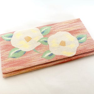 Vintage Japanese slim jacquard wallet - powder pink with white camellia flowers
