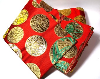 Hanhaba obi vintage unique - rouge avec motif de boules temari dorées