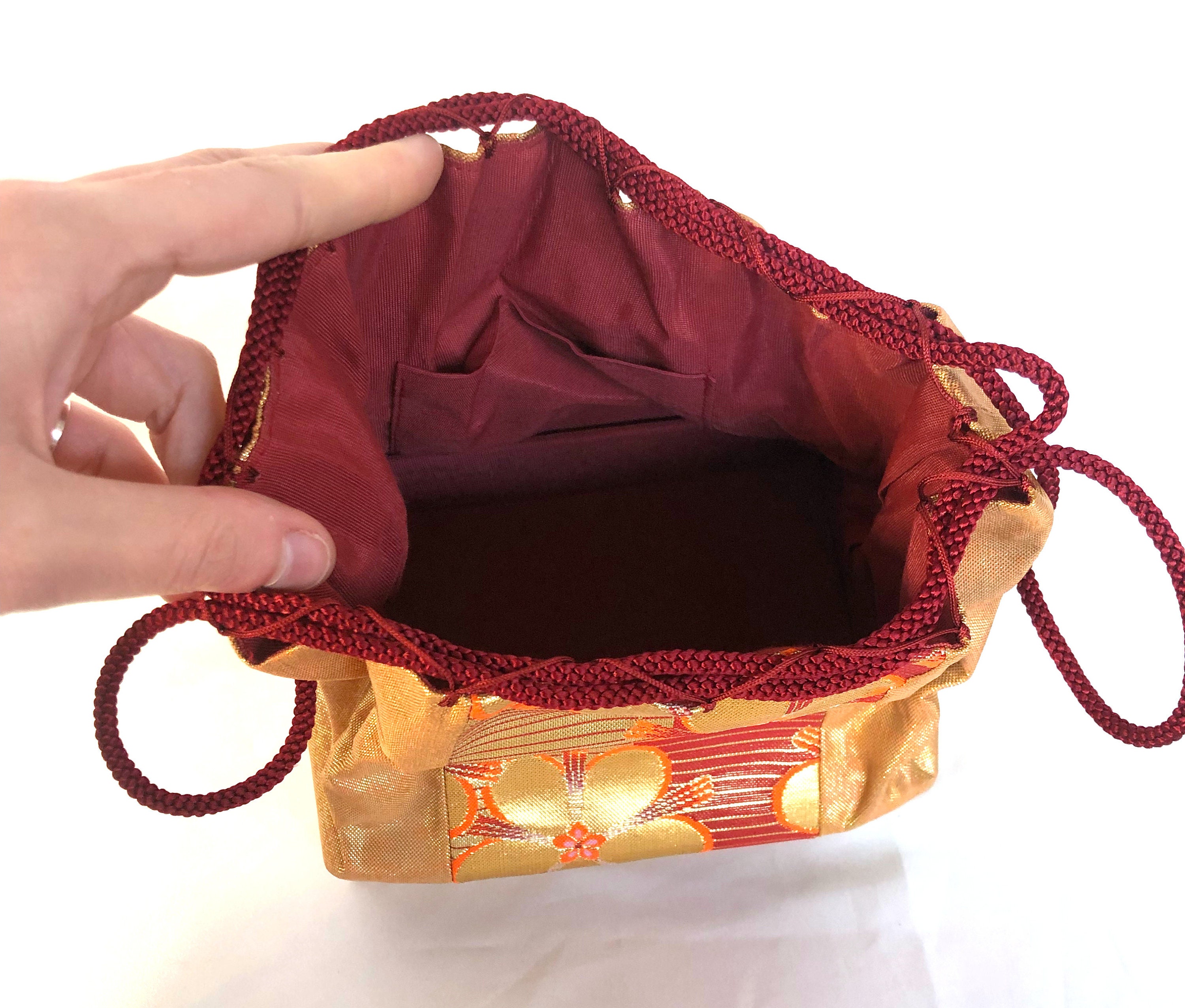 Elegant Japanese Drawstring Bag Kinchaku - Golden With Floral