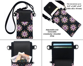 Mobile Phone Crossbody Bag, iPhone Fabric Shoulder Strap Case, Black Heart Flower Phone Pouch