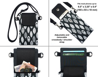 Scandi Leaf Print Shoulder Phone Case, iPhone 12 Pro Max Crossbody Bag, Grey and White Fabric Mobile Purse