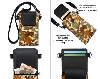 Leaves iPhone Crossbody Phone Bag, Mobile Shoulder Strap Case, Autumn Fabric Cell Phone Purse