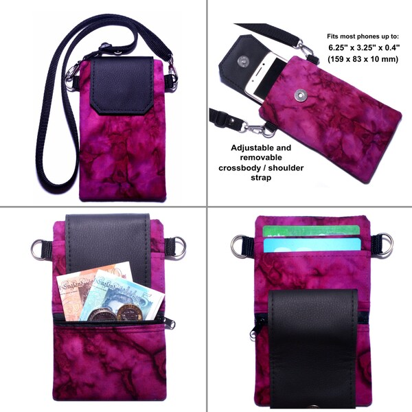 Cerise Crossbody iPhone Bag, Batik Fabric Mobile Phone Case, Small Smartphone Shoulder Bag