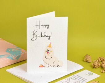 Handmade Plantable Birthday Card, Seeded paper birthday card, Made from upcycled cotton rags with basil seeds, Blank inside, Happy cute dog