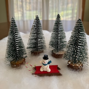 Four, 4&quot; Mini Frosted Christmas Bottle Brush Trees, With Wooden Base, Brand New, for Christmas Decoration (Snowman & Sled Not Included)