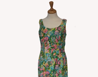 Vintage 1960s sleeveless handmade sheath dress, retro floral cocktail dress