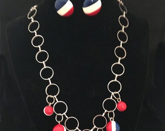 Handmade 60's/70's Jewelry perfect for the 4th of July, Button earrings, 60,s mod jewelry, sphere necklace, patriotic Jewelry