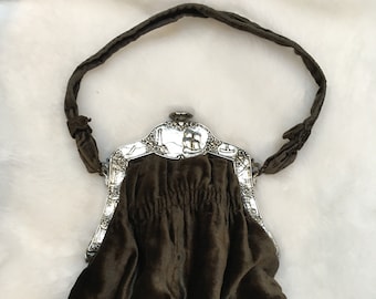 Victorian Evening Bag, Antique Handbag, Steampunk Purse, Sterling Silver & Velvet Handbag