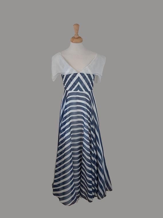 1930s Vintage Blue & White Striped Long Dress, Ga… - image 1