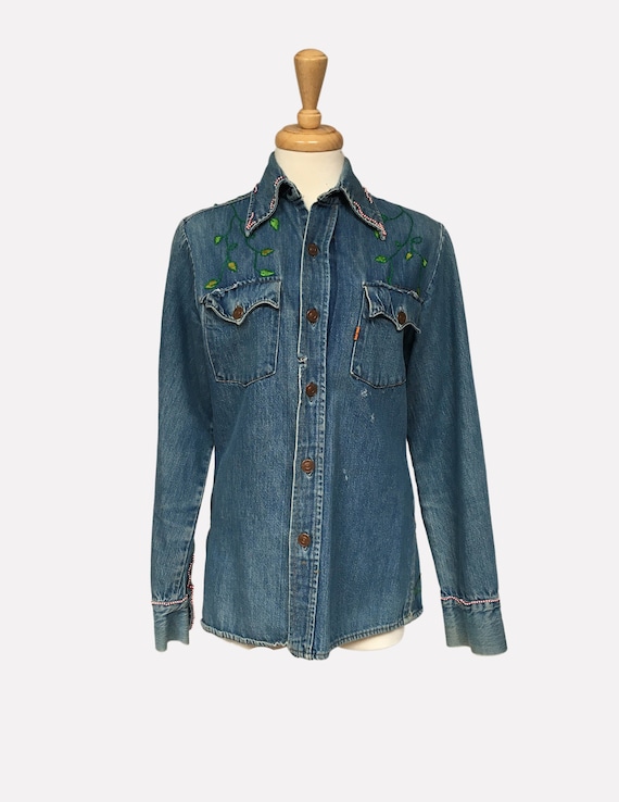 1960s Denim Shirt with Hand Embroidery, Vintage Le