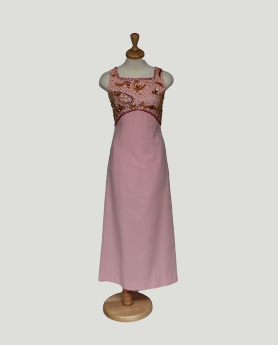 Vintage 1960s Sheath Dress, Pink Beaded Rhinestone