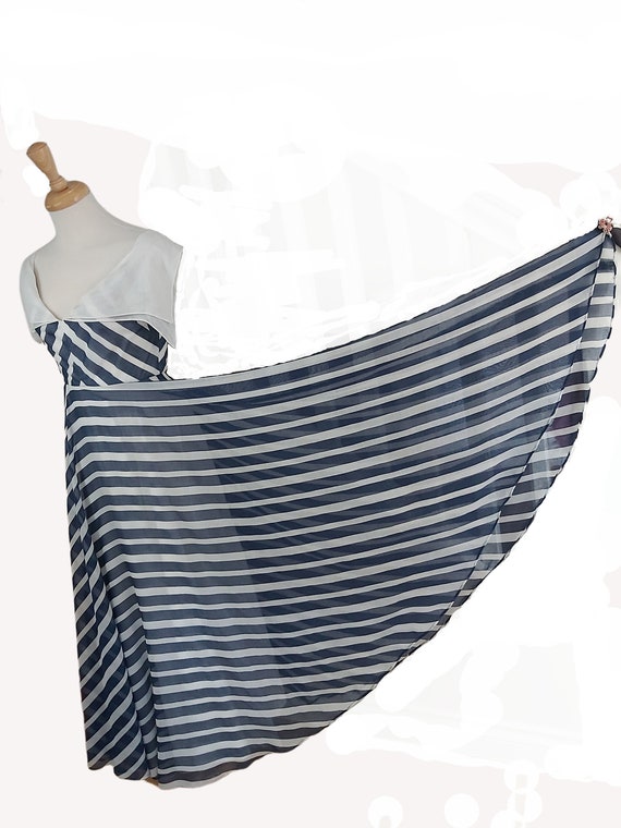 1930s Vintage Blue & White Striped Long Dress, Ga… - image 3