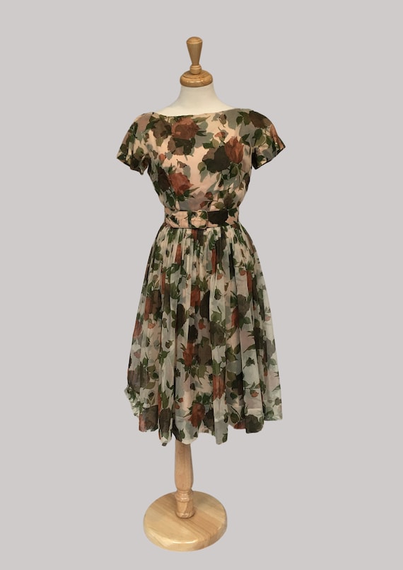 Vintage Dress, 50s Chiffon Dress, 50s Clothing, M