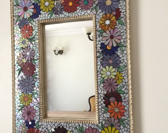 Handmade Rectangular Mosaic Mirror – Antique Frame, Colorful Floral Glass Decor
